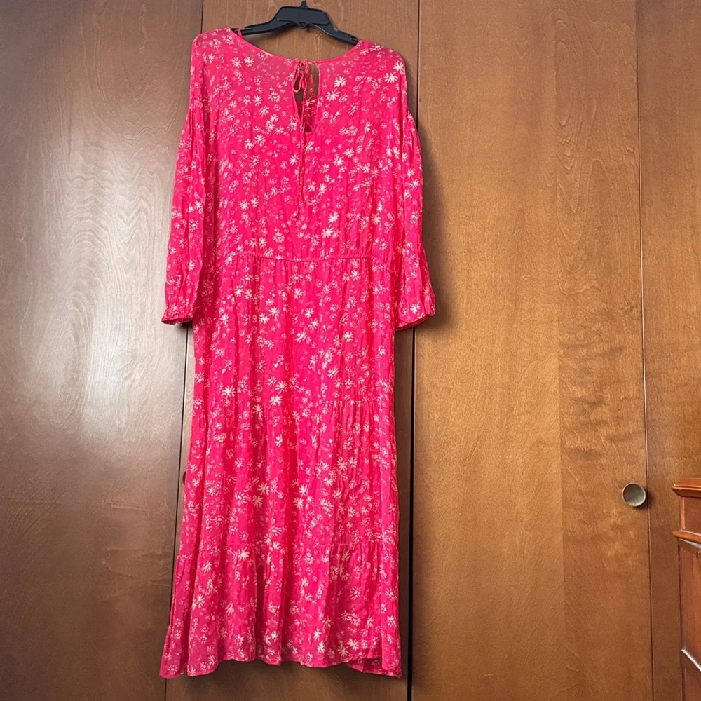 Free People Wallflower Tiered Midi Raspberry Red & Cream Floral Dress Sz M